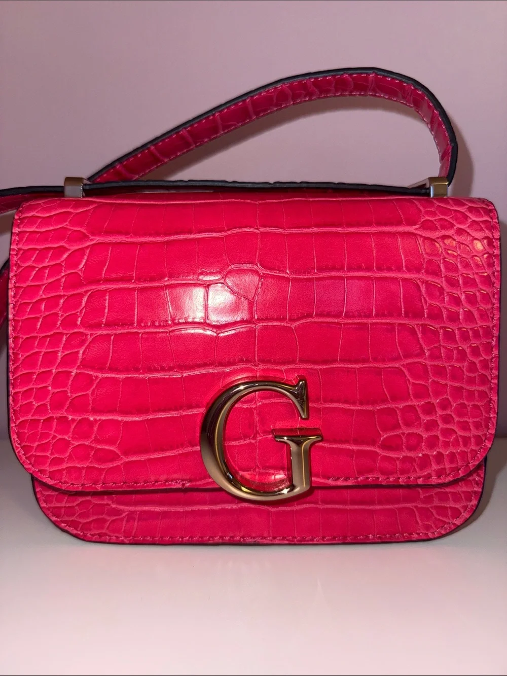 GUESS Hot Pink Croc-Embossed Crossbody Bag with Gold G